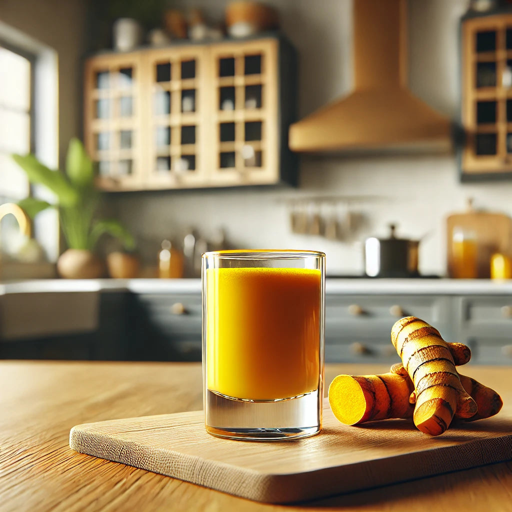 Een shot verse curcuma sap voor een goede weerstand