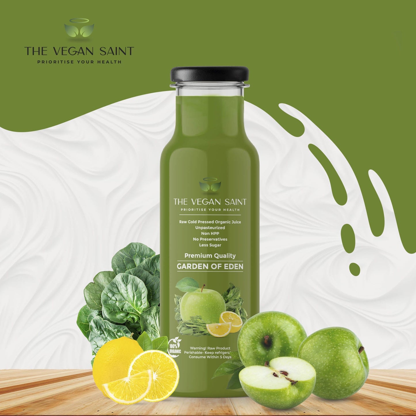 Koudgeperste spinaziesap van het merk The Vegan Saint.