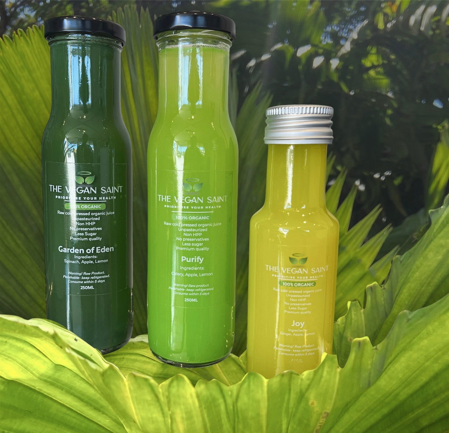 "Een assortiment verse sappen met superfoods in een Detox Box als try-out perfect voor een gezonde start van het nieuwe jaar."