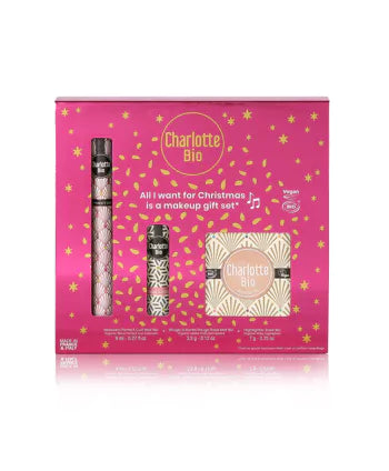Kerst giftset - met curl mascara - illuminator - nude lippenstift van Charlotte Bio - 100 % biologisch feestelijke make-up