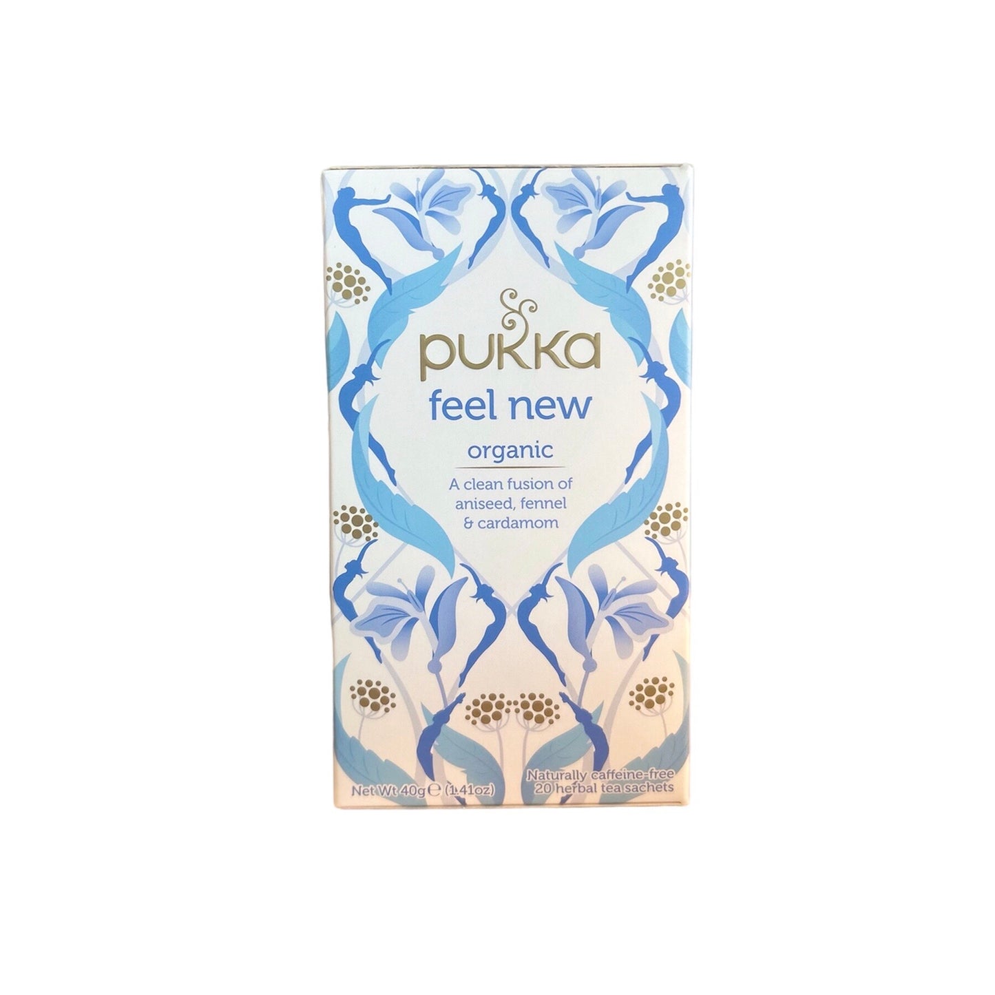 Verpakking met Biologische thee van Pukka met smaak feel new