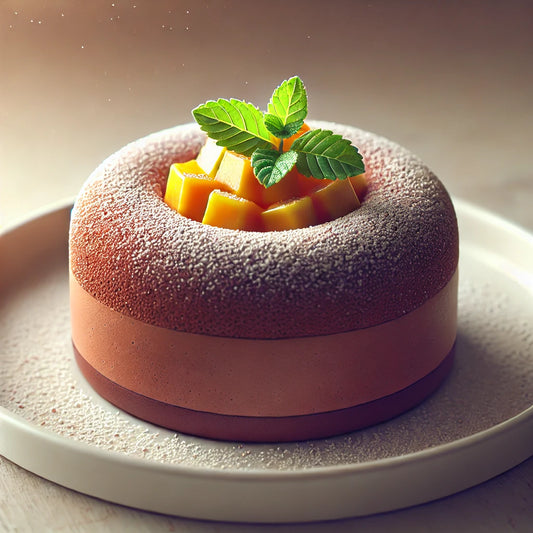 Chocolade mousse dessert met een mango topping, poedersuiker en een muntblad.