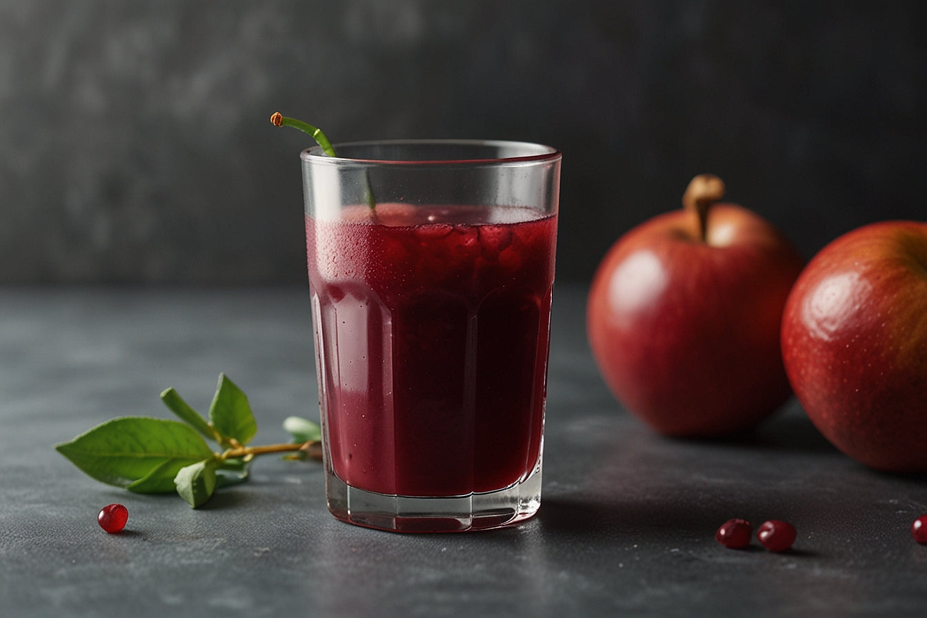 "Vers geperst granaatappelsap van The Vegan Saint, geserveerd in een glas naast een sappige granaatappels."