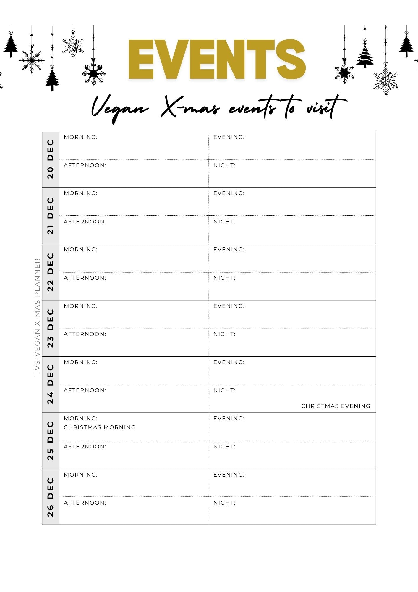 Events planner out of the Vegan Christmasplanner of The Vegan Saint-english