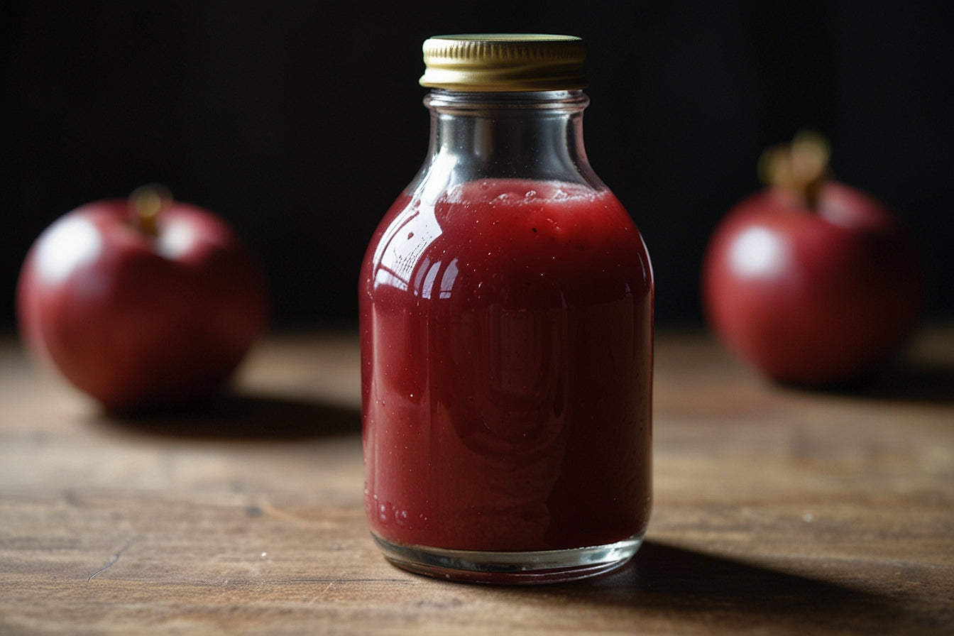 "Een flesje koudgeperst biologisch granaatappelsap van The Vegan Saint voor het herstel van de hormoonspiegel.