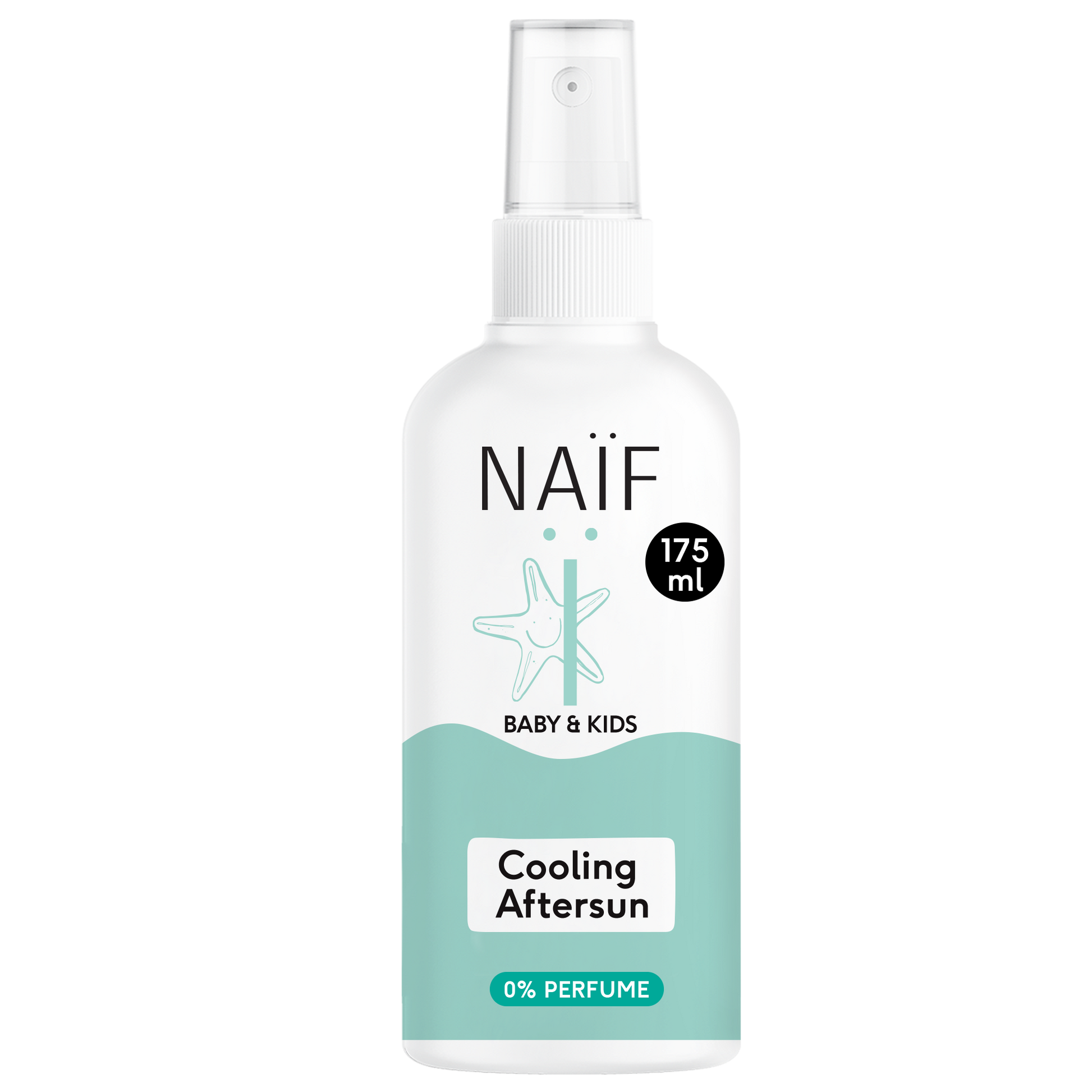 "Close-up van de Naïf Verkoelende Aftersun Spray 0% Parfum voor Baby & Kids 175ML fles."