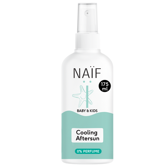 "Close-up van de Naïf Verkoelende Aftersun Spray 0% Parfum voor Baby & Kids 175ML fles."