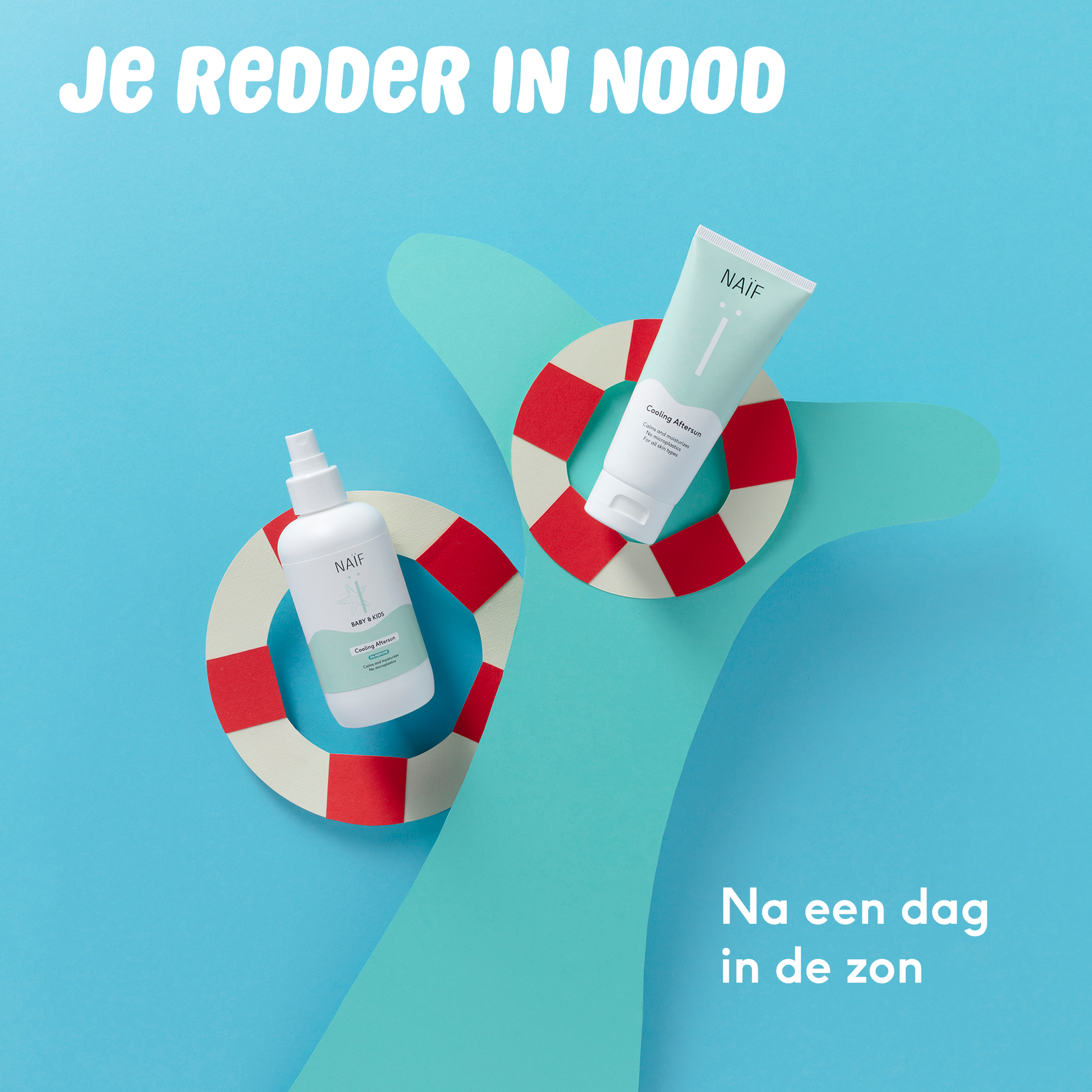 "Naïf Verkoelende Aftersun Spray 0% Parfum voor Baby & Kids 175ML naast andere Naïf aftersun huidverzorgingsproducten in een zwemband."