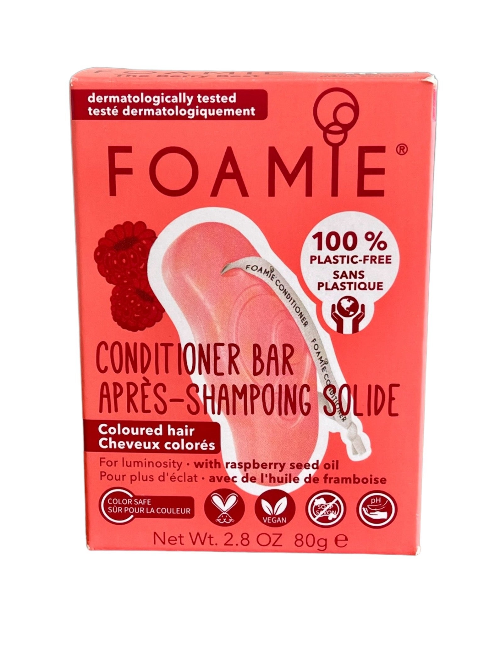 "Foamie Conditioner Bar voor gekleurd haar - The Berry Best in milieuvriendelijke verpakking."