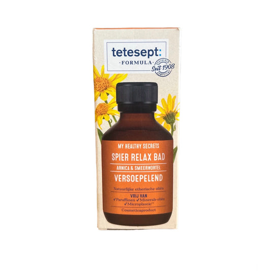 "TETESEPT Formula Spier Relax Bad met Arnica: Een ontspannend badolie om vermoeide spieren te verzachten en spanning te verlichten."