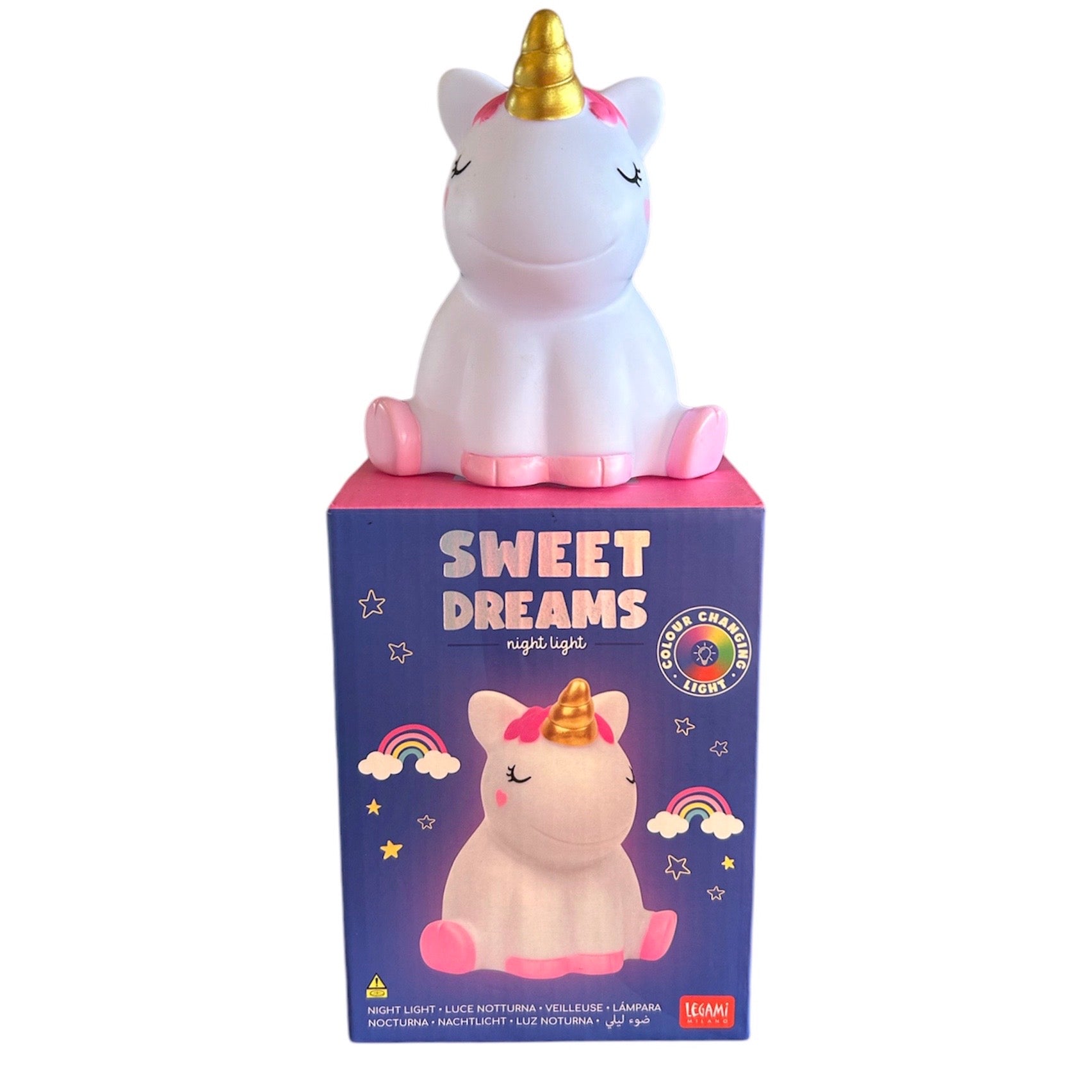 Unicorn nachtlampje voor de kinderkamer met unicorn op de doos.